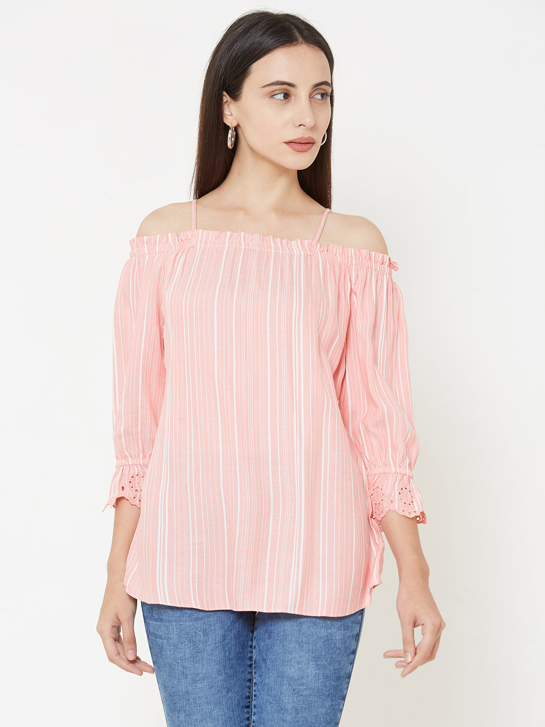 Women Peach-White Slim Top