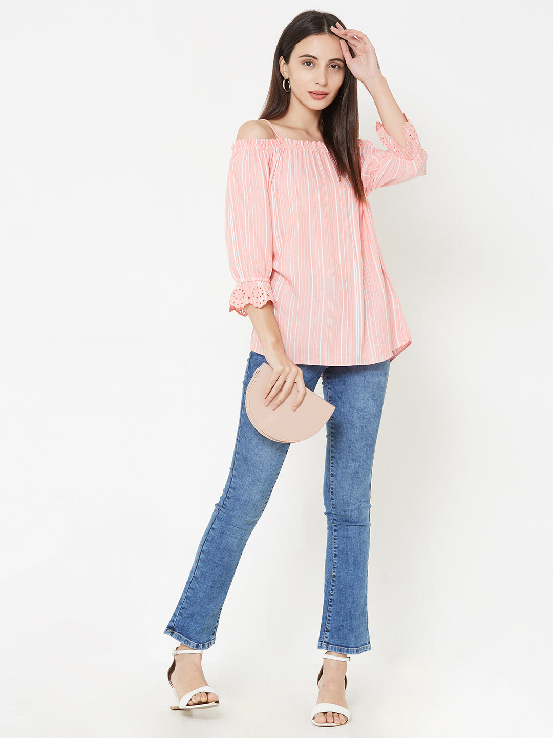 Women Peach-White Slim Top
