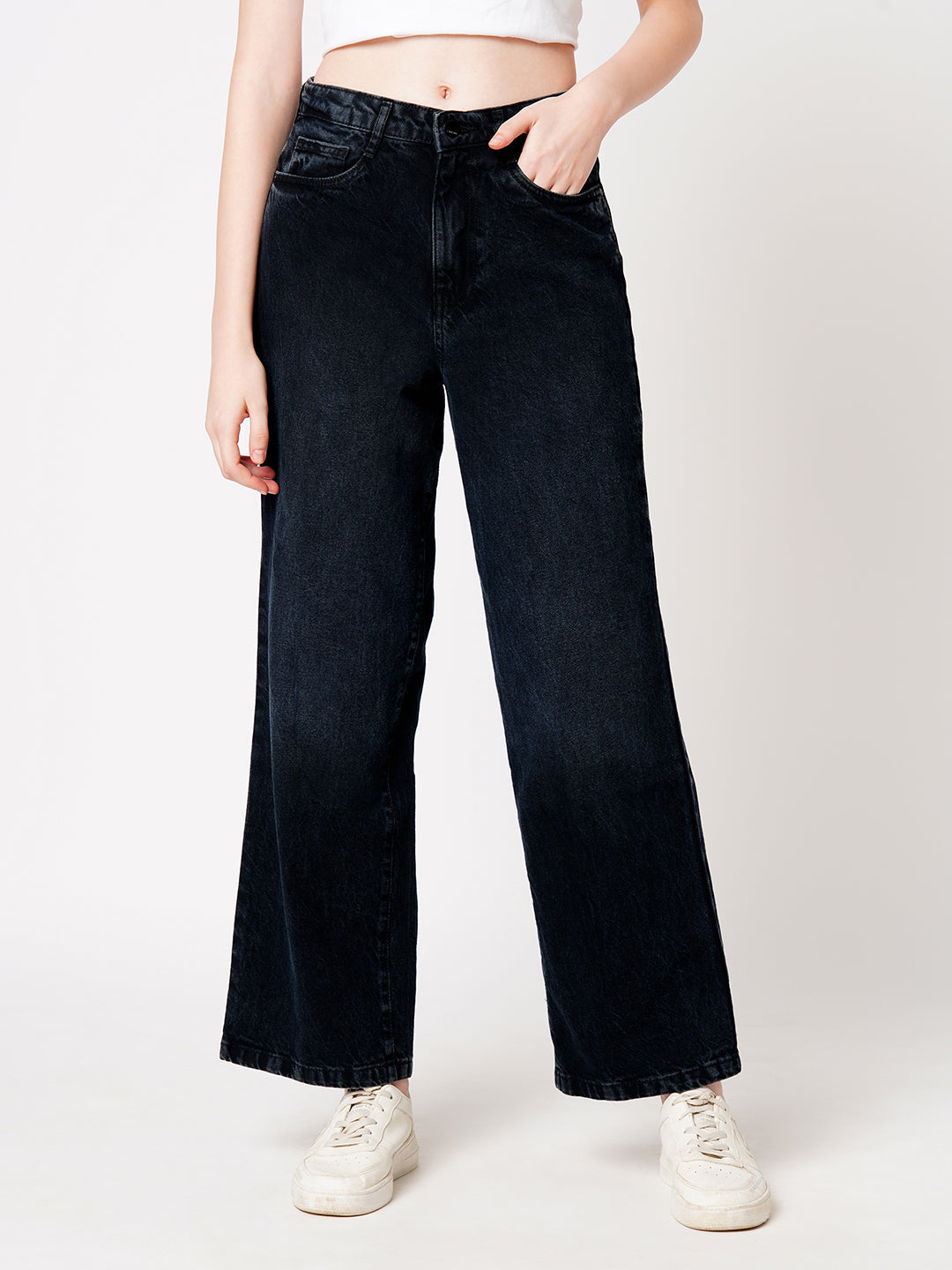 Women Charcoal Black High-Rise Wide Leg Jeans