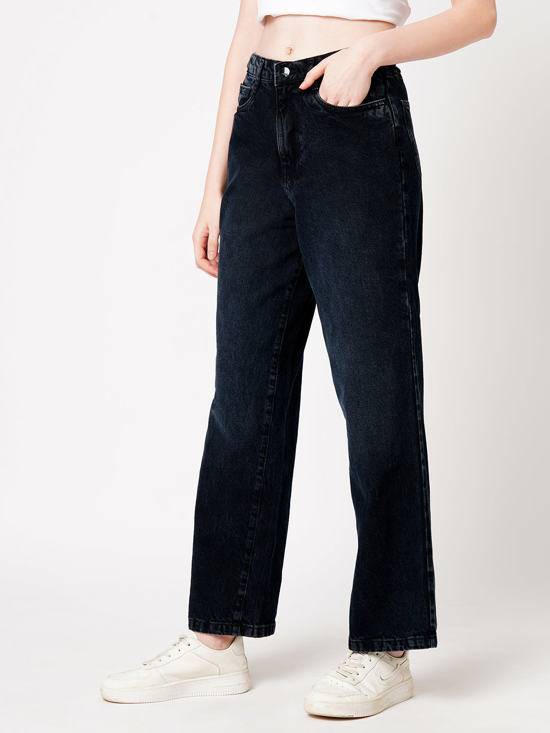 Women Charcoal Black High-Rise Wide Leg Jeans