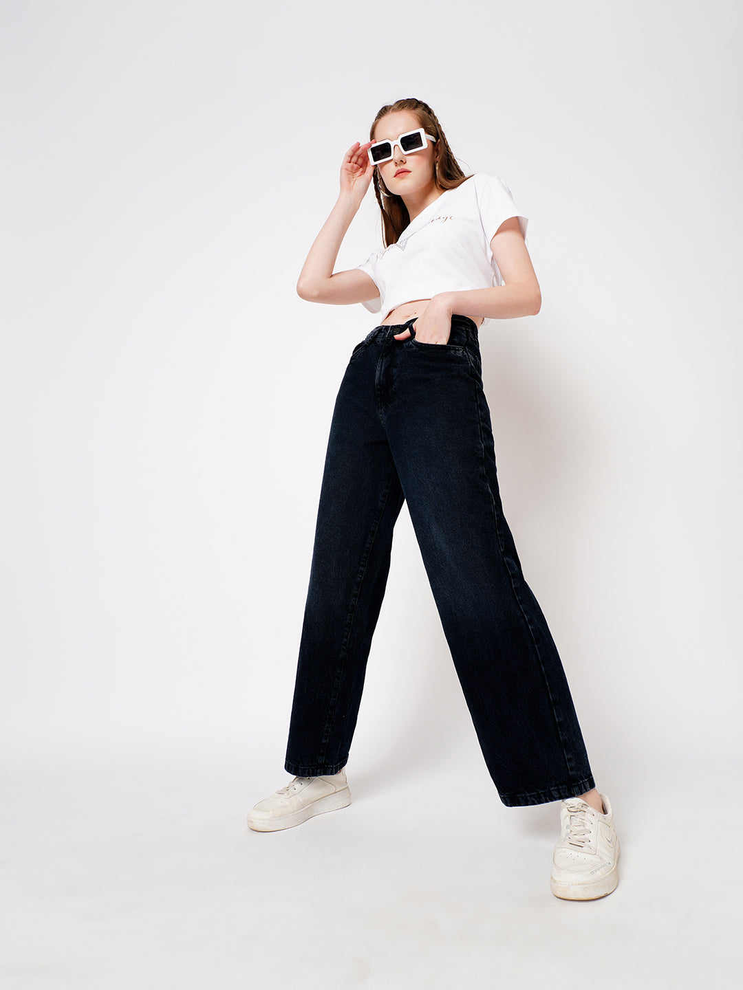 Women Charcoal Black High-Rise Wide Leg Jeans