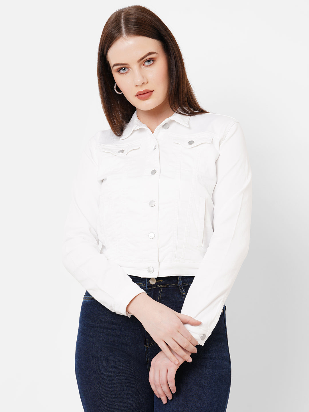 Women White Slim Fit Denim Jacket