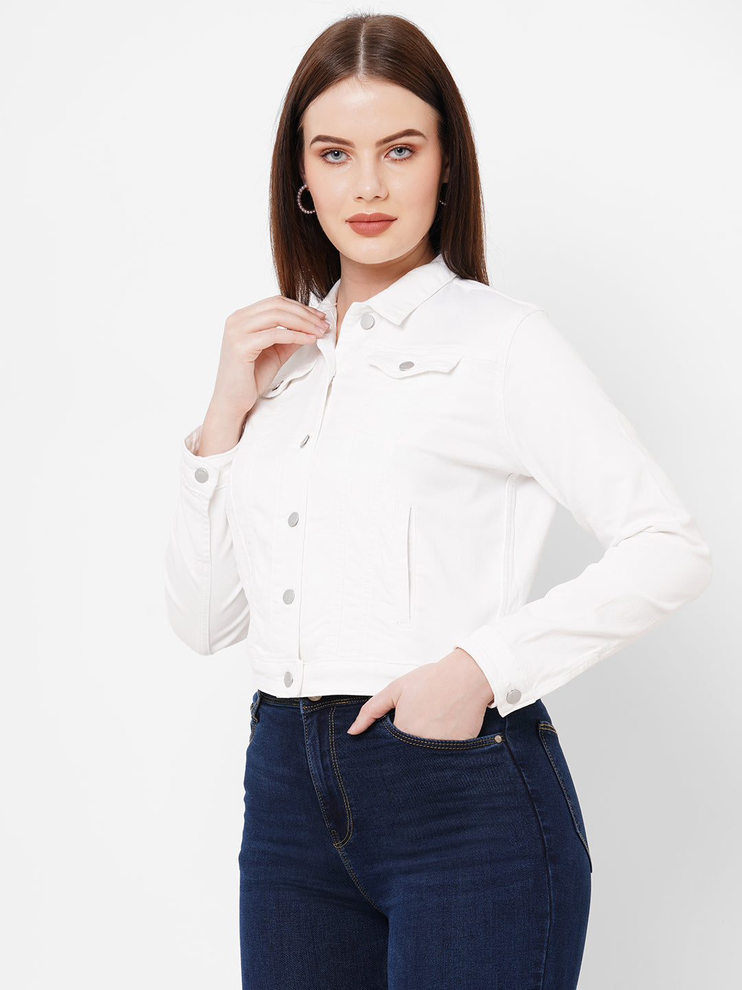 Women White Slim Fit Denim Jacket
