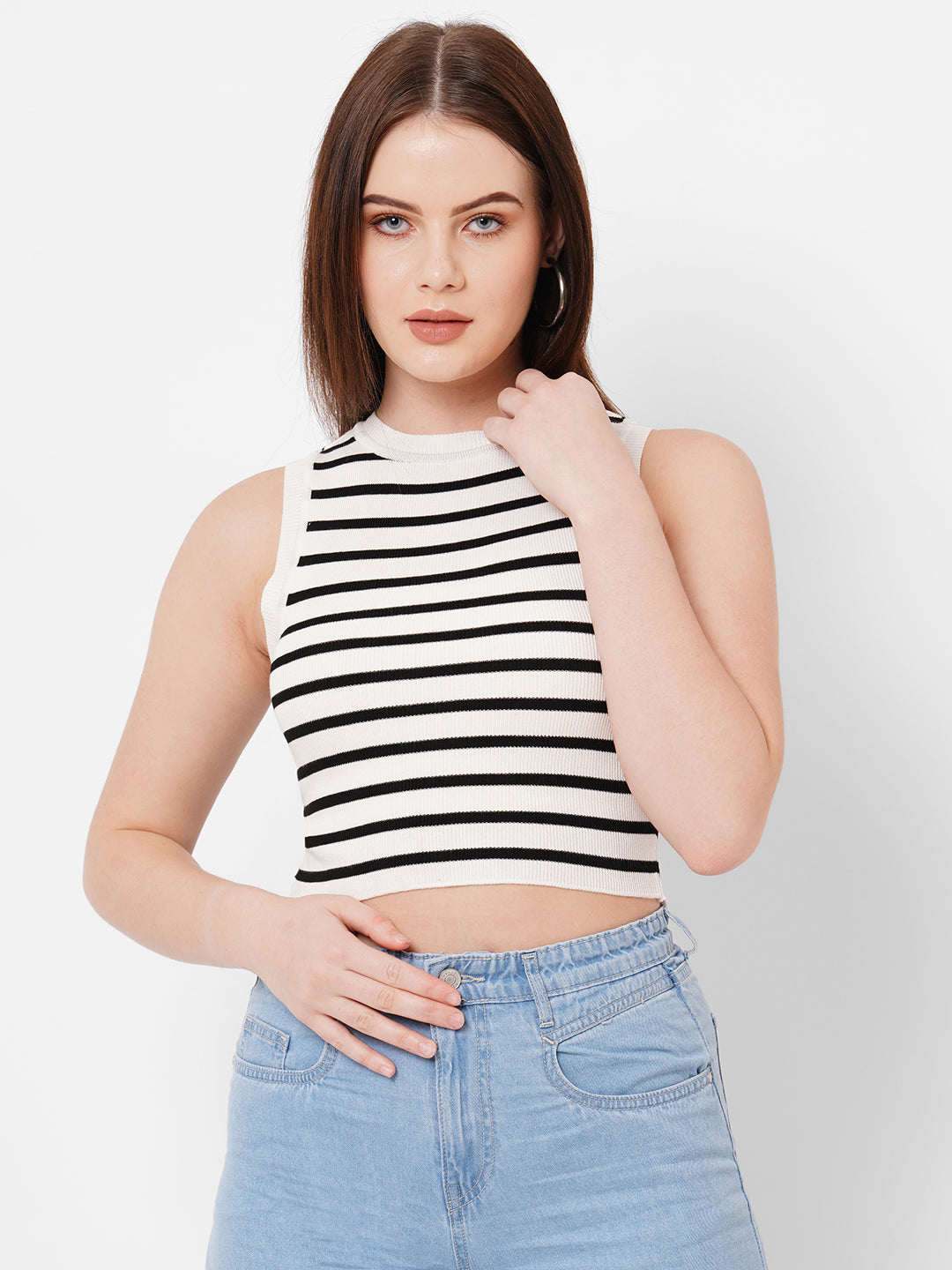 Women Black & White Flat Knit Top