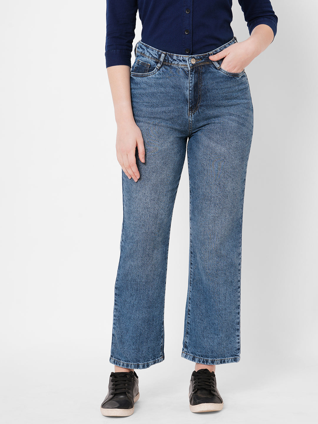 Women Blue High-Rise Loose Straight Jeans