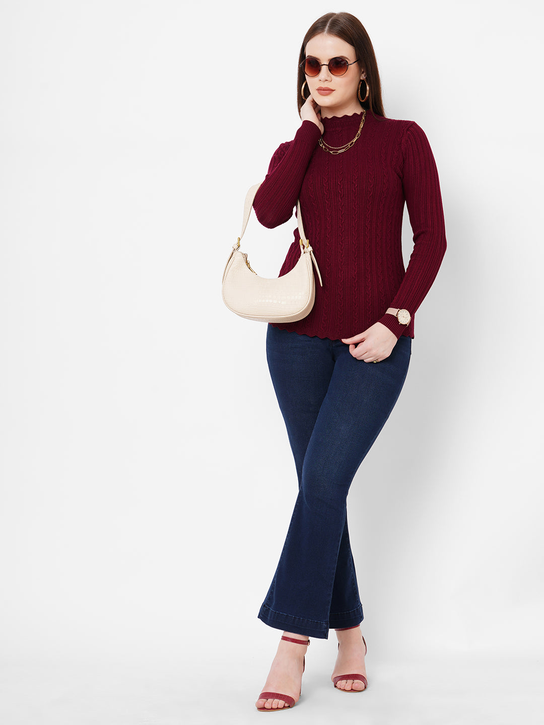 Women Maroon Slim Fit Sweater