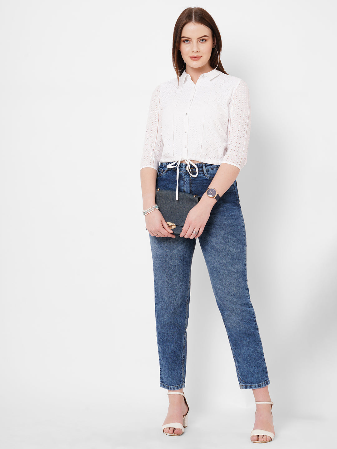 Women Bleach White Lace Slim Shirt