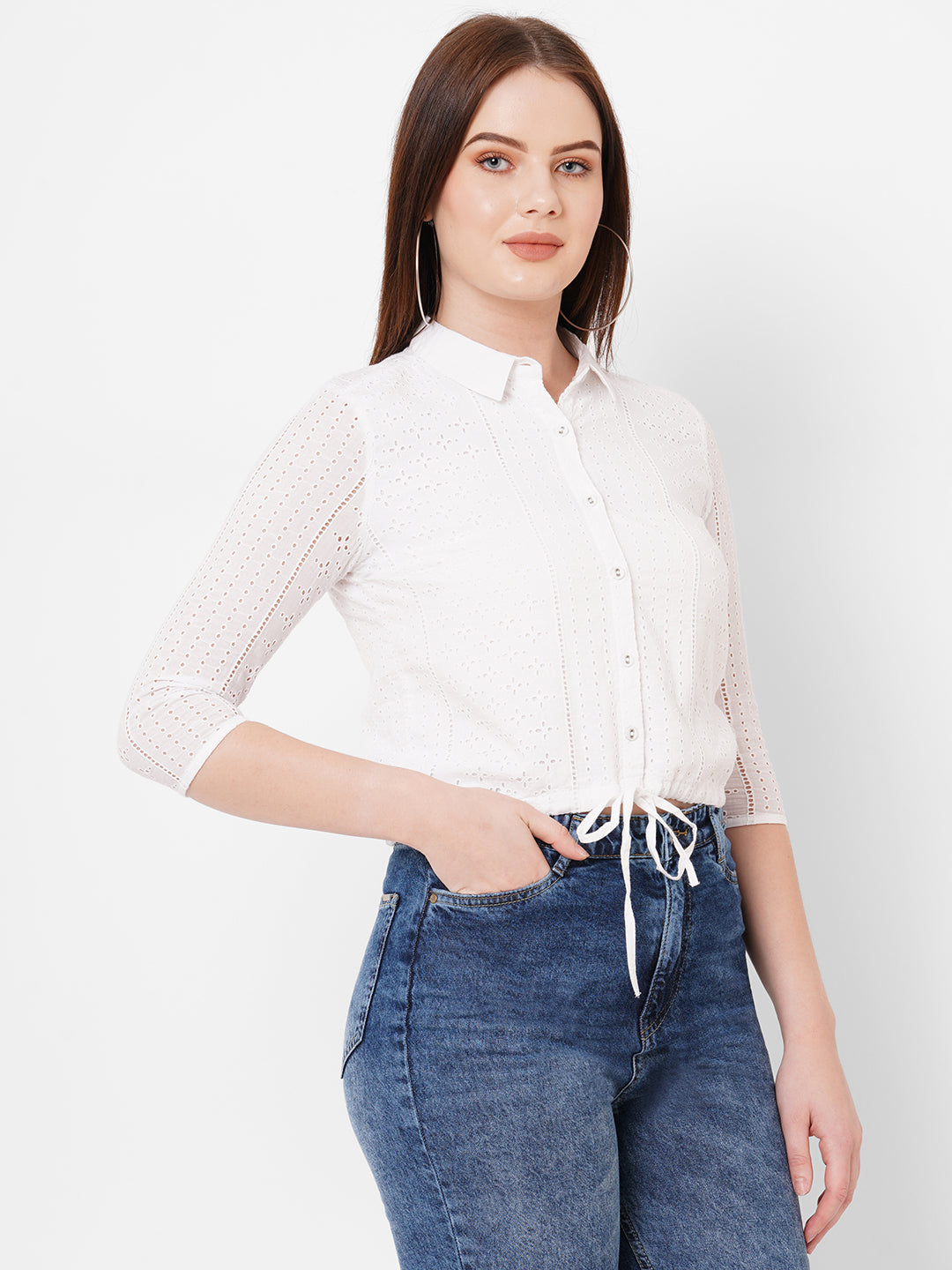Women Bleach White Lace Slim Shirt