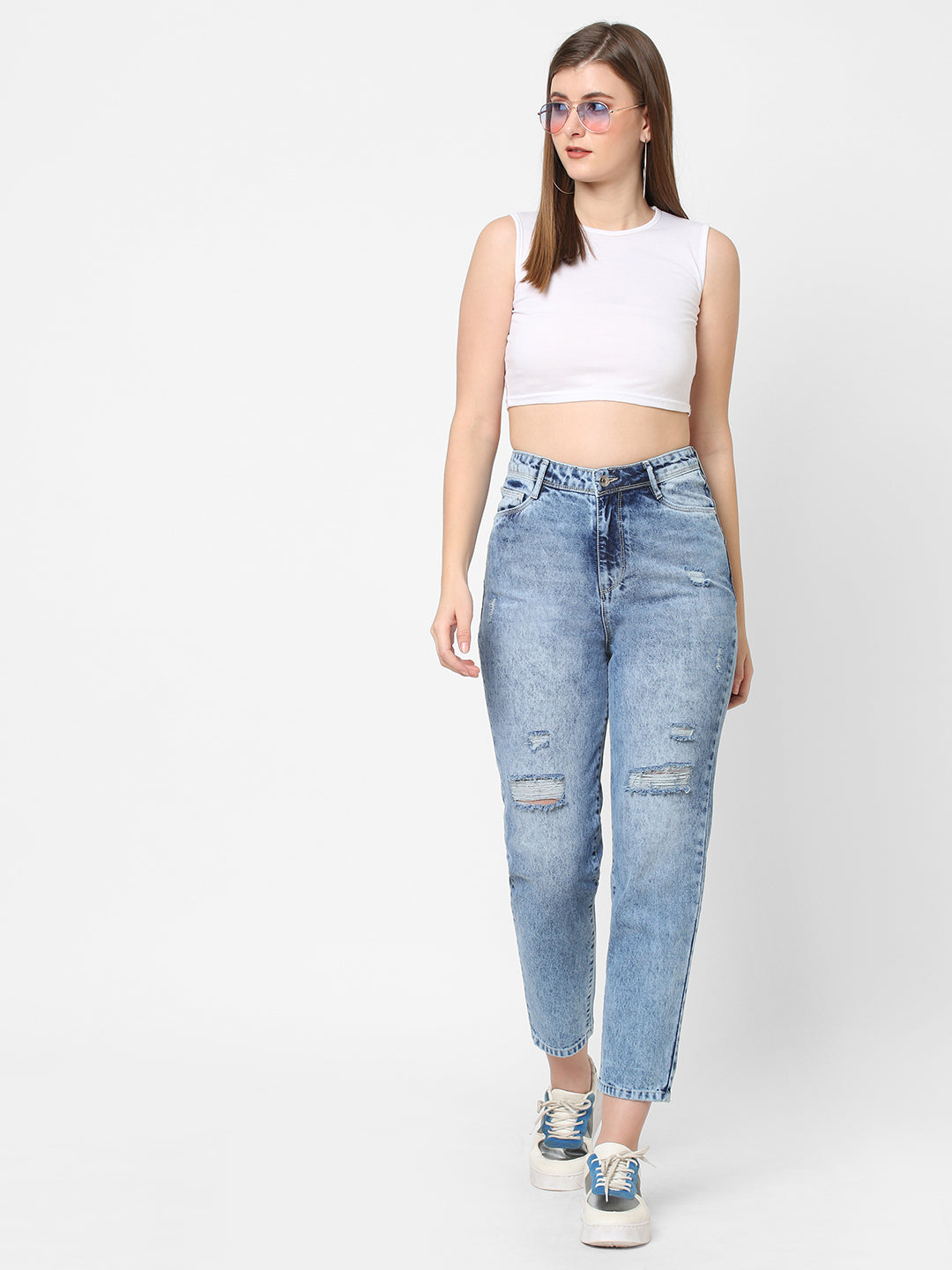 Women Light Blue High-Rise Mom Fit Jeans