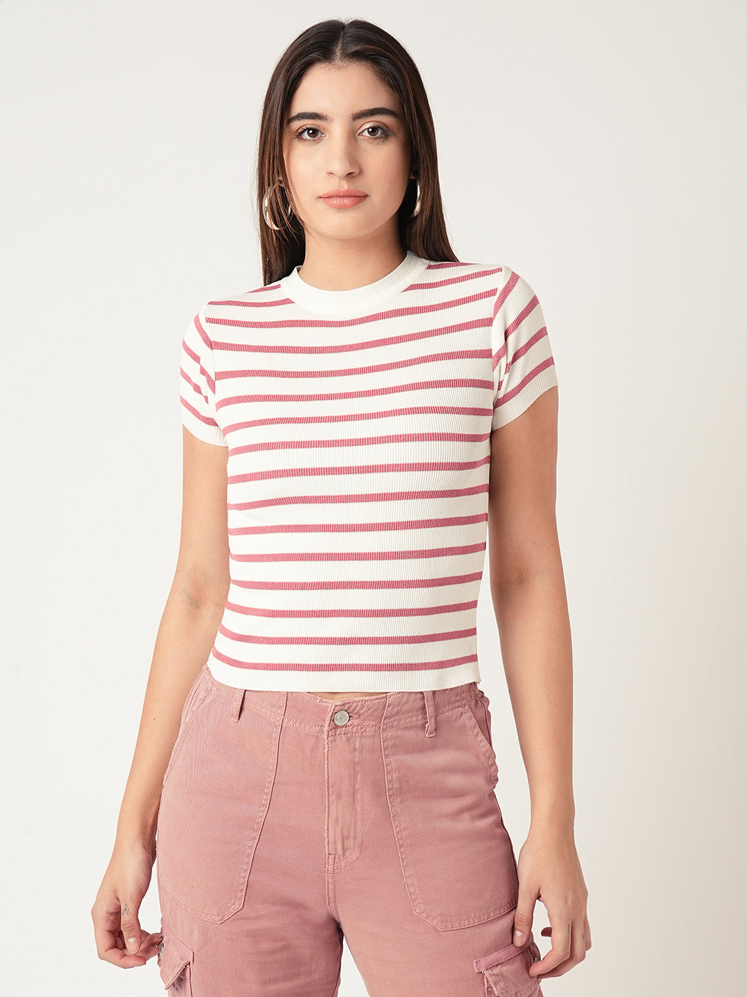Women Blush Pink-White Flat Knit Top