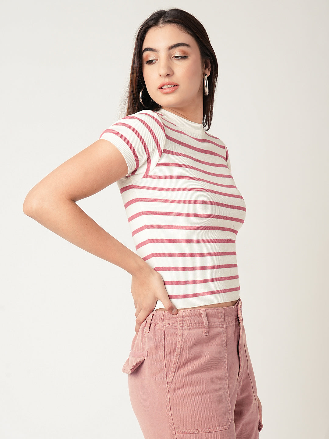 Women Blush Pink-White Flat Knit Top