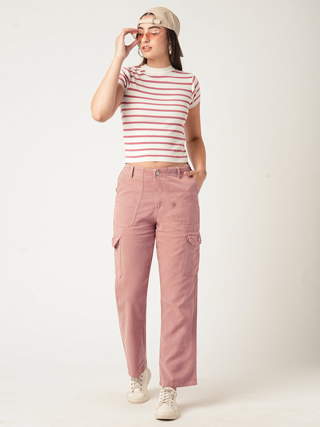 Women Blush Pink-White Flat Knit Top