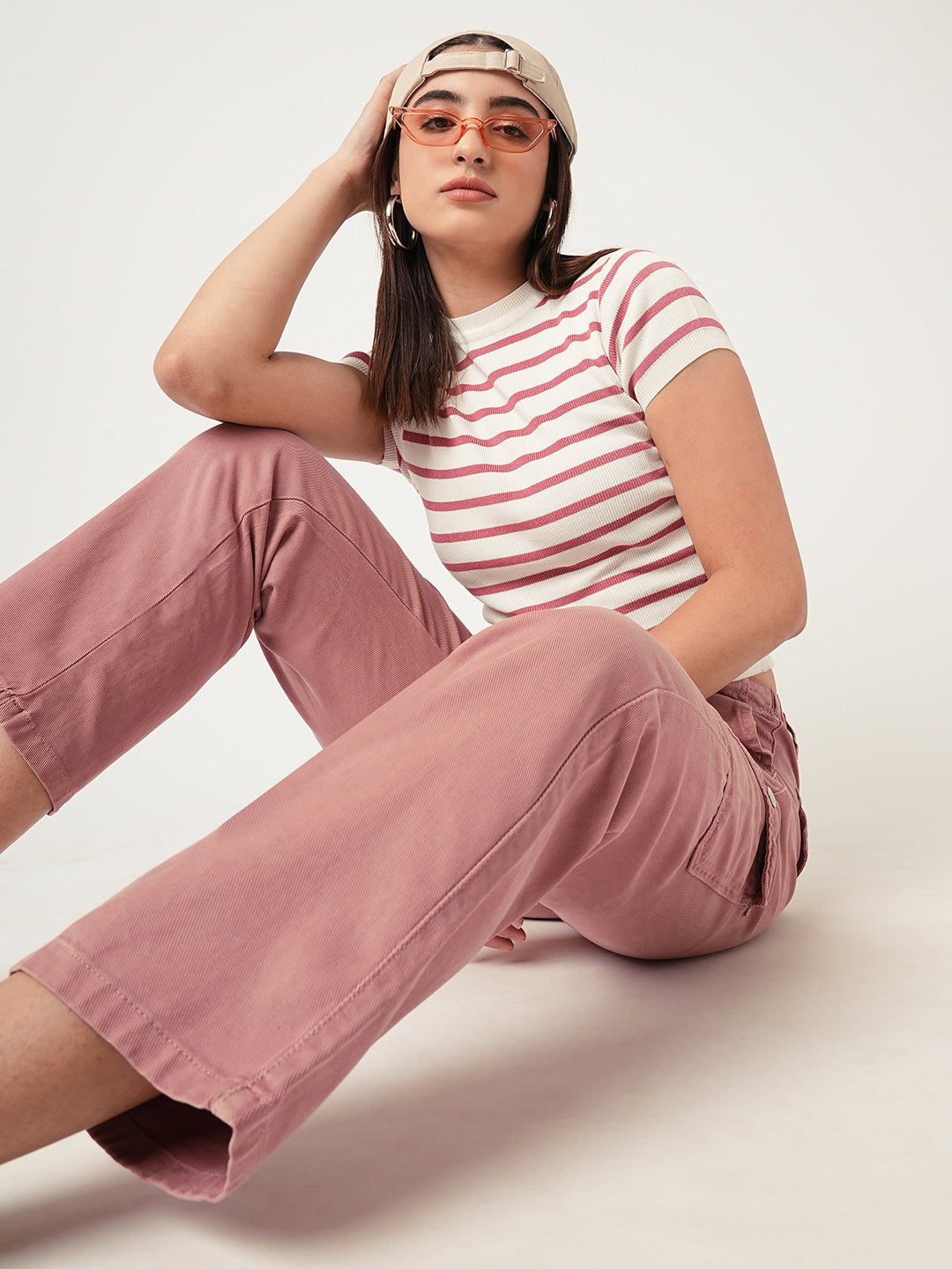 Women Blush Pink-White Flat Knit Top