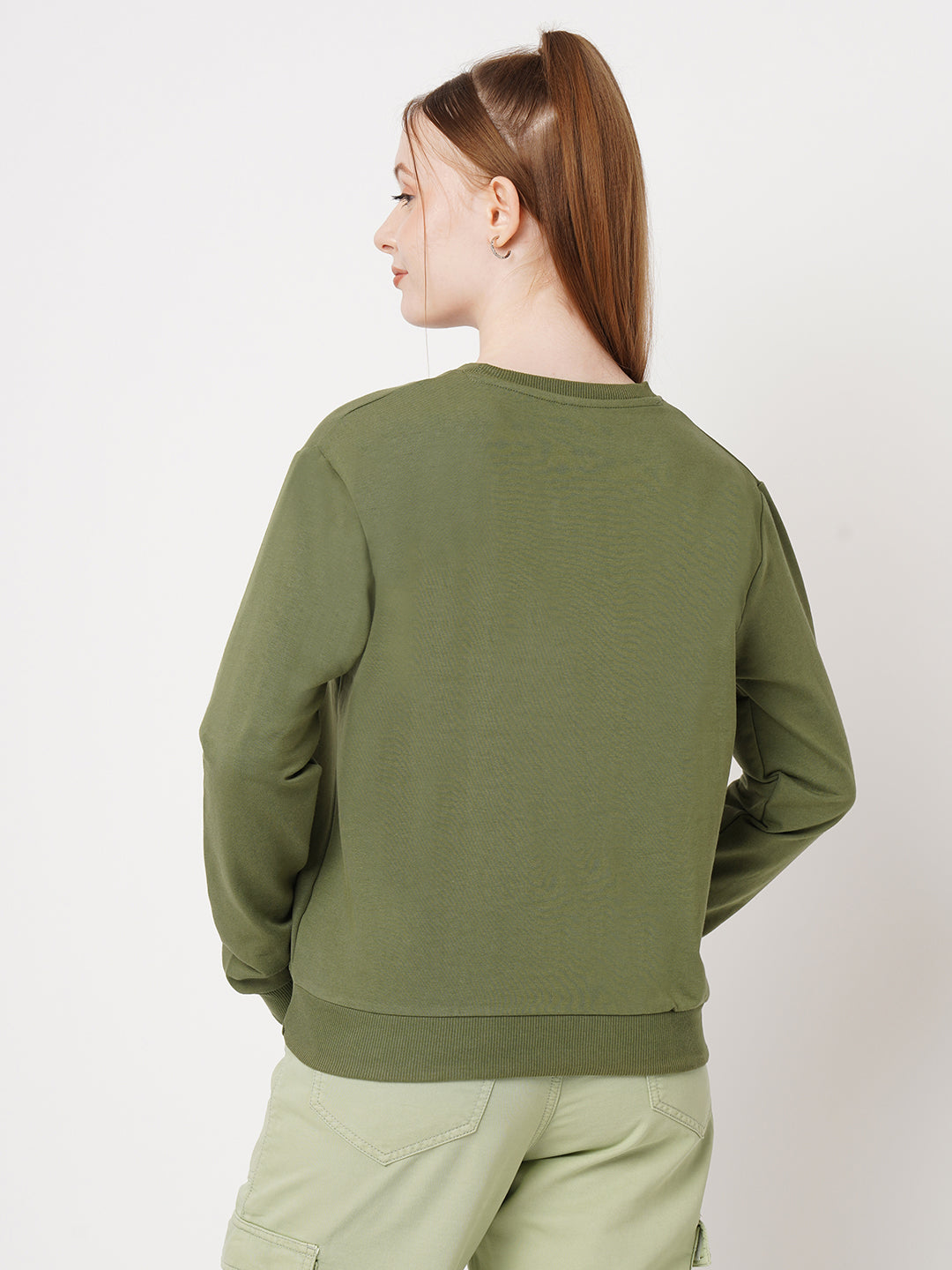 Women Printed Slim Fit Olive Sweatshirts