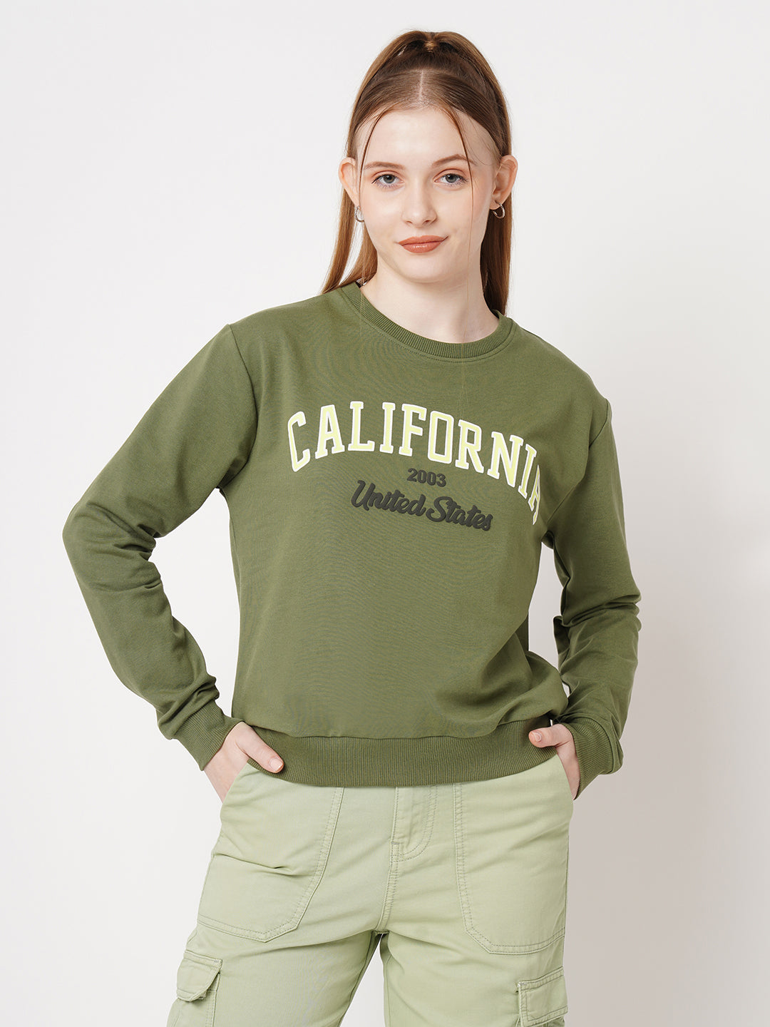 Women Printed Slim Fit Olive Sweatshirts
