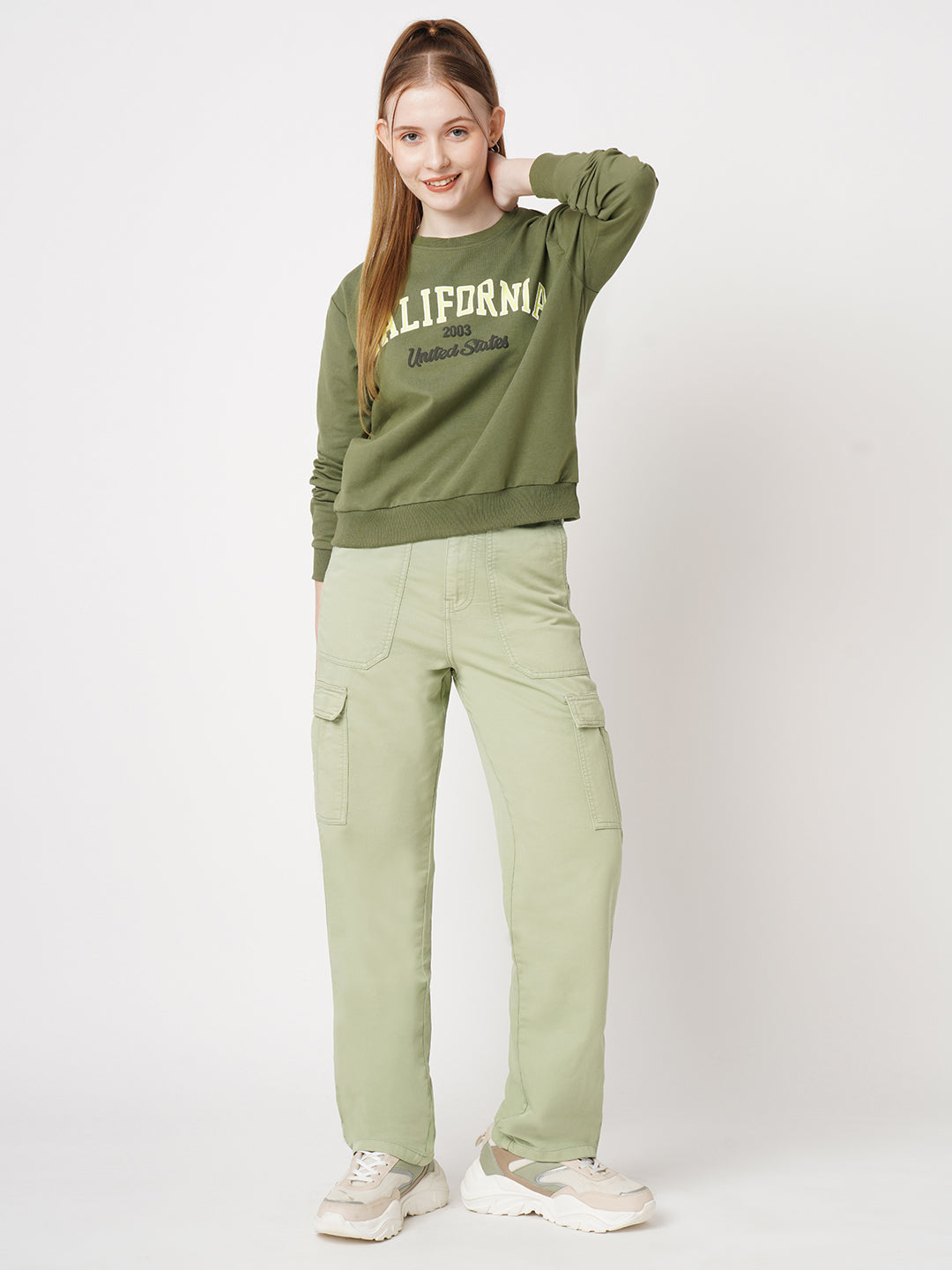 Women Printed Slim Fit Olive Sweatshirts