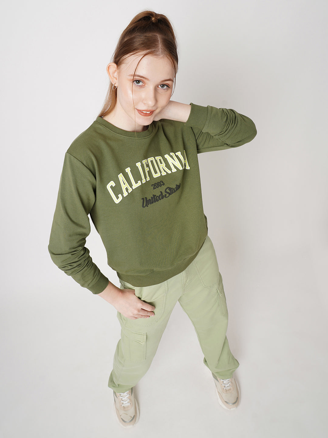 Women Printed Slim Fit Olive Sweatshirts