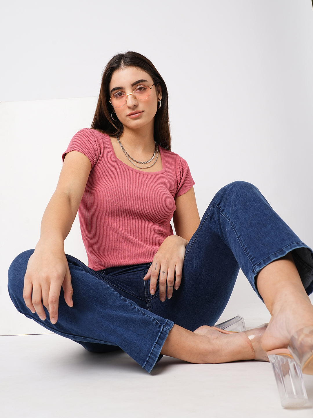 Women Blush Pink Flat Knit Top