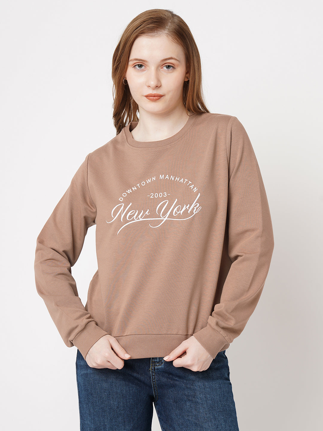 Women Brown Stone Slim Fit Sweatshirt