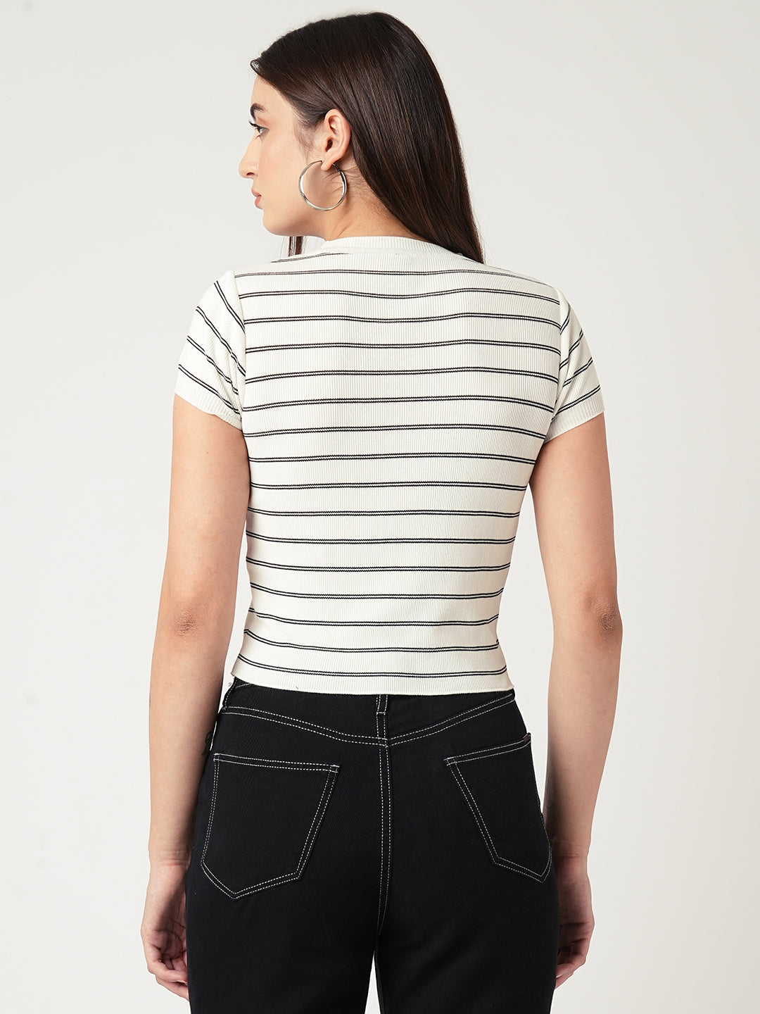 Women Black-White Striped Flat Knit Top