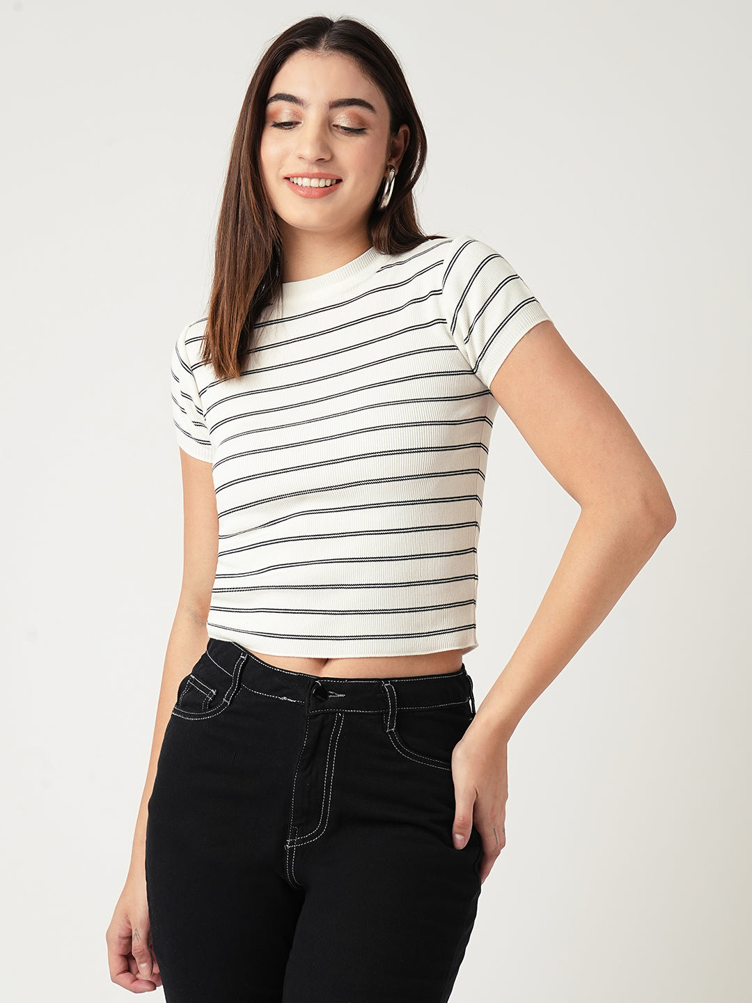 Women Black-White Striped Flat Knit Top