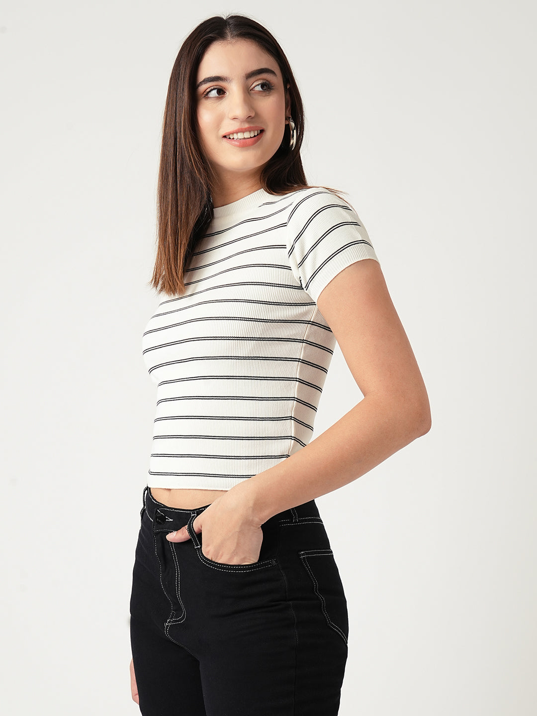 Women Black-White Striped Flat Knit Top