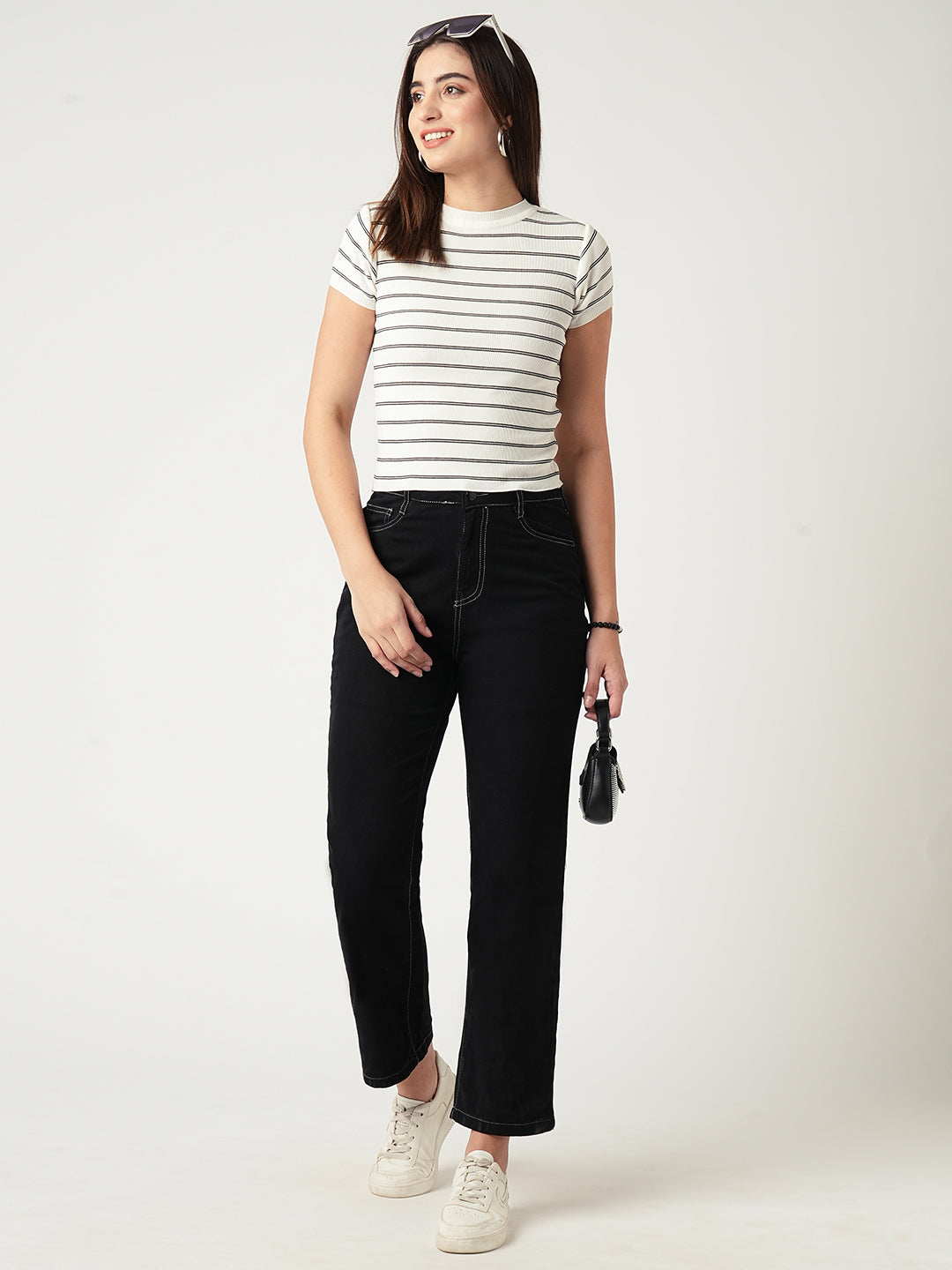 Women Black-White Striped Flat Knit Top