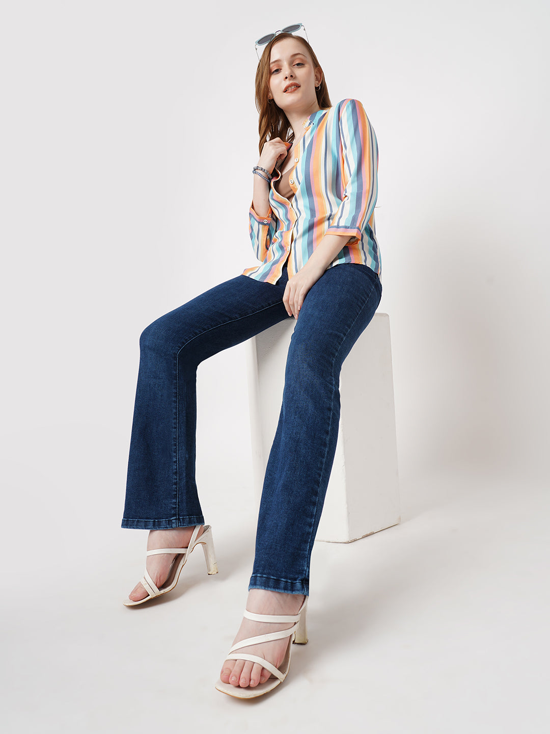 Women Blue High-Rise Mini Flare Jeans
