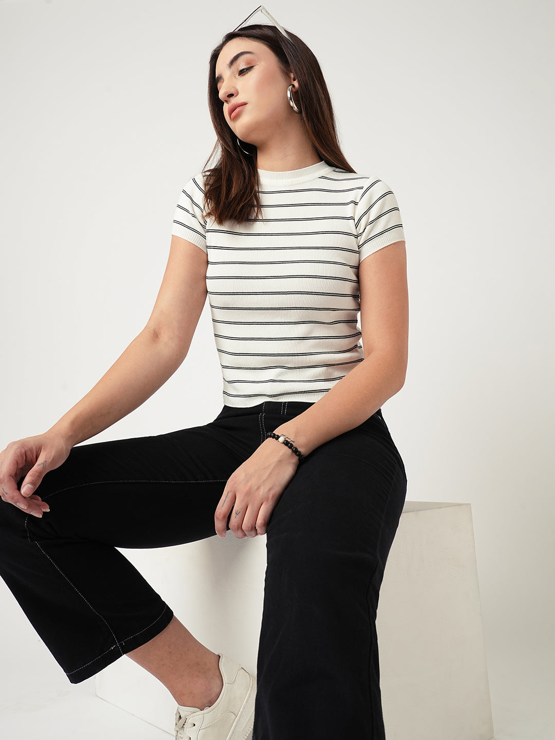 Women Black-White Striped Flat Knit Top