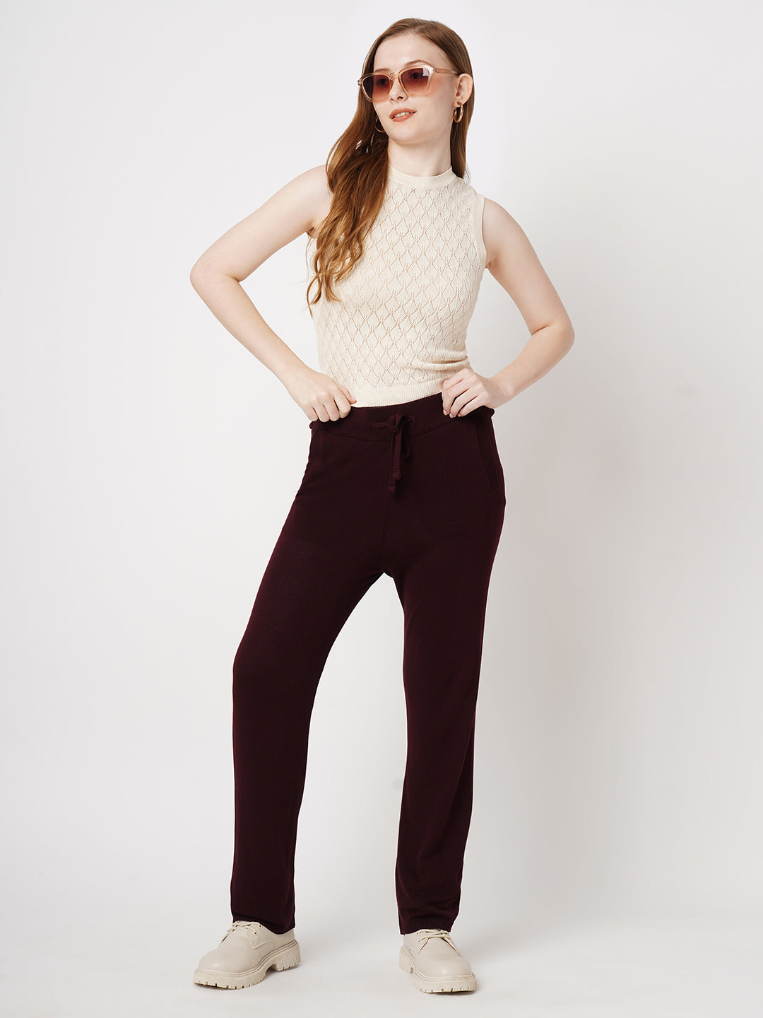 Women Wine High-Rise Loose Straight Pants