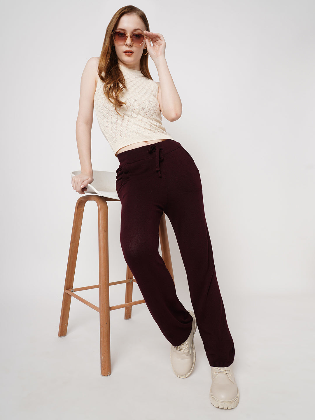 Women Wine High-Rise Loose Straight Pants