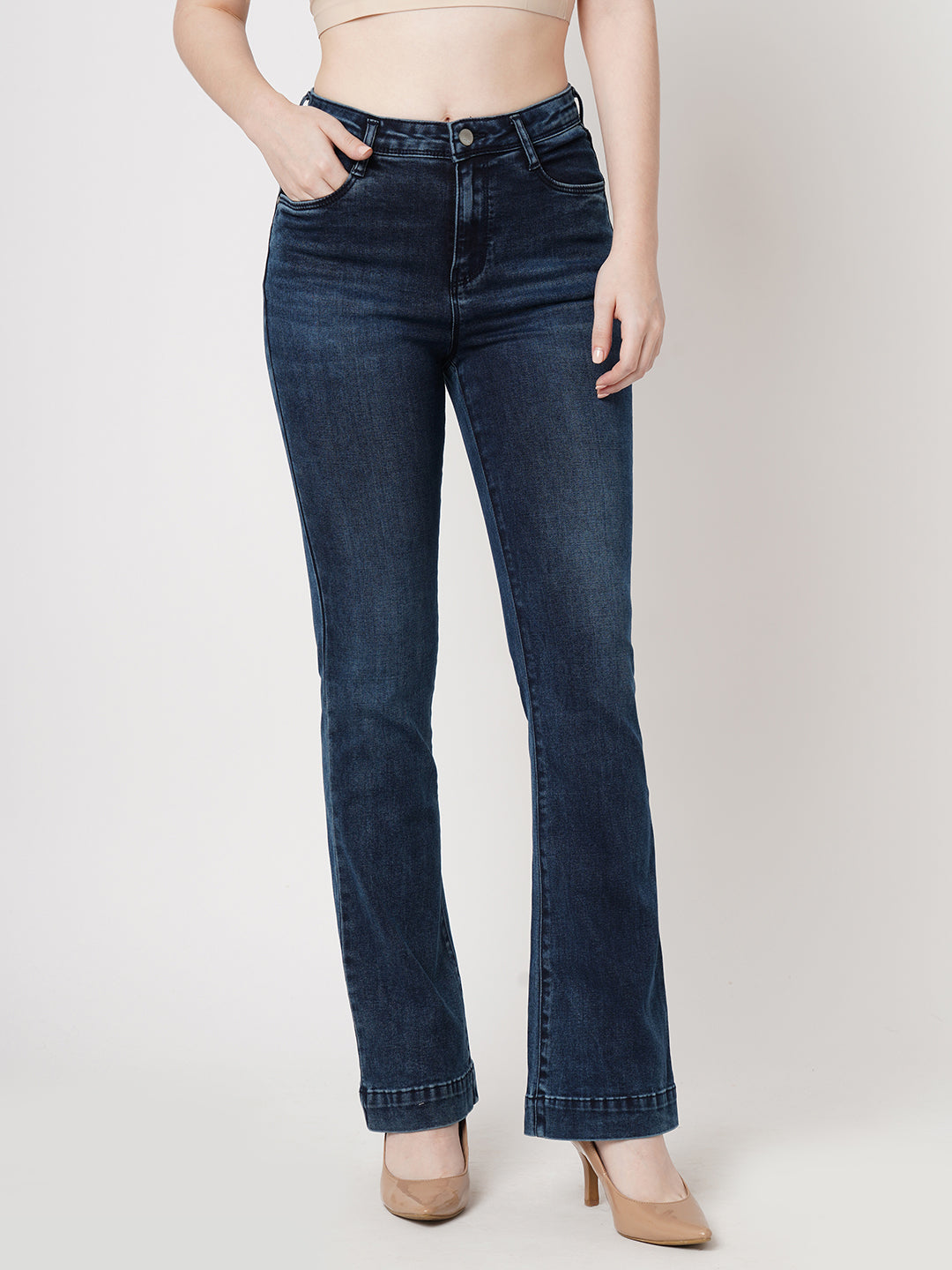 Women Dark Blue Mini Flare Jeans