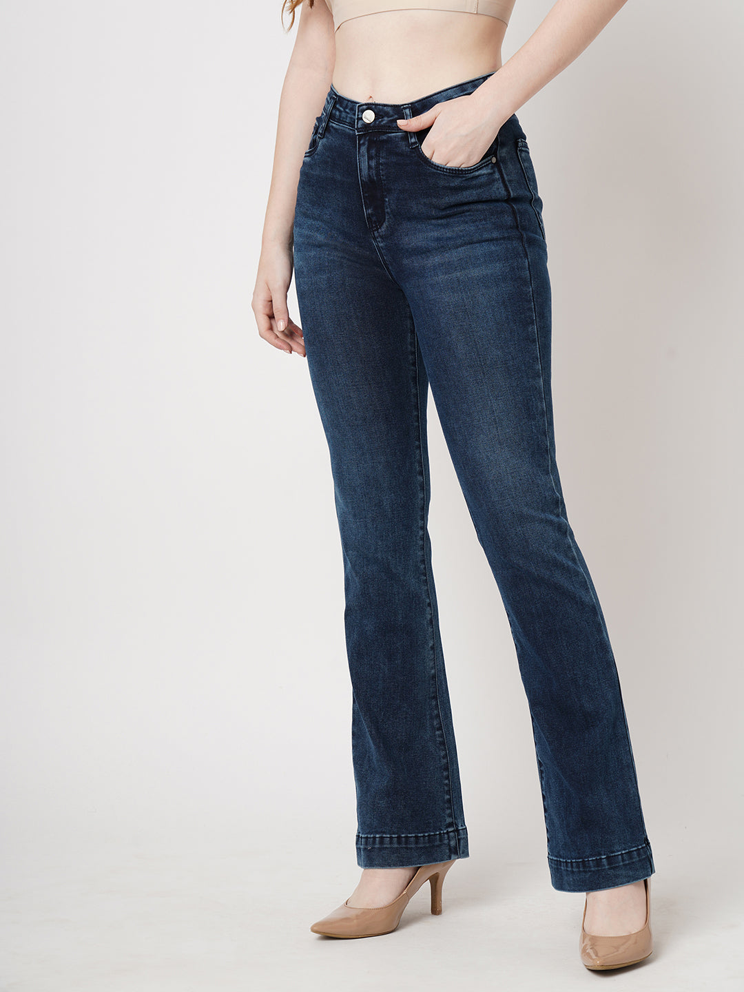 Women Dark Blue Mini Flare Jeans