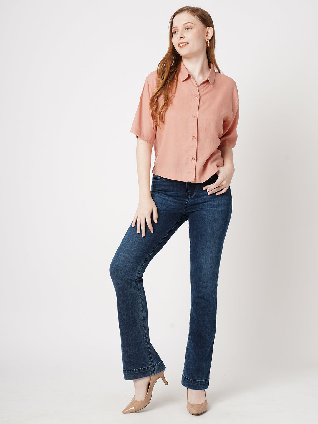 Women High-Rise Mini Flare Jeans