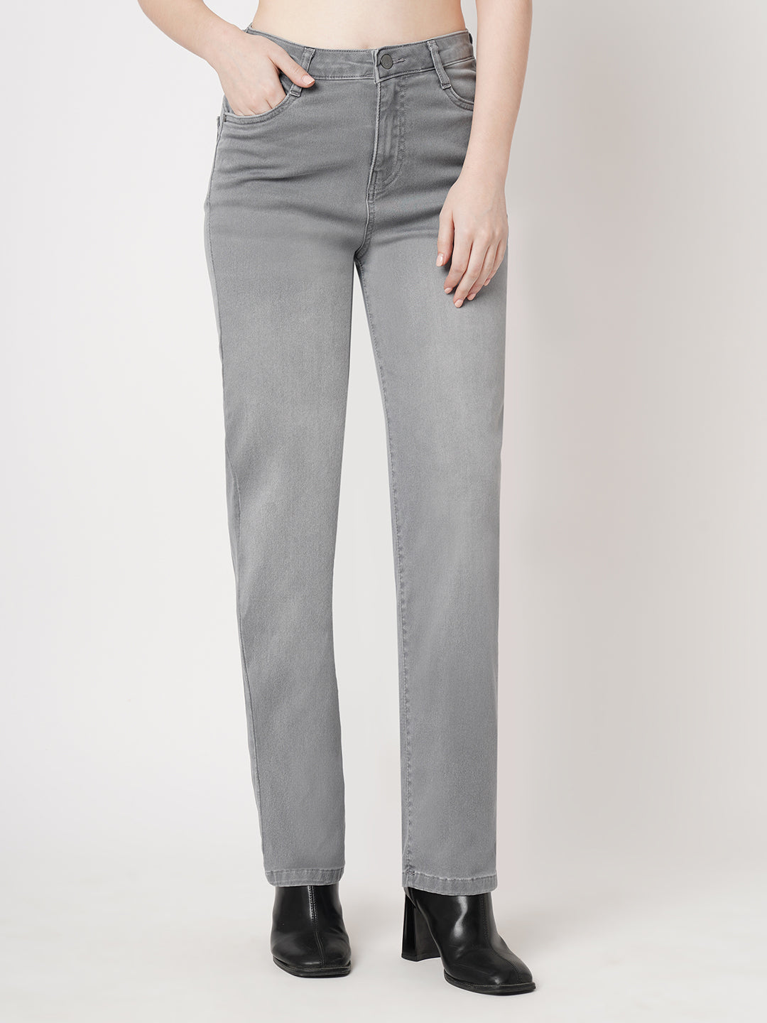Women Grey High-Rise Straight Fit Jeans
