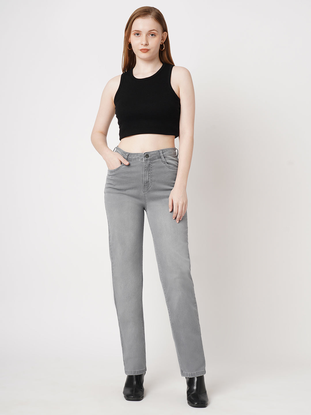 Women Grey High-Rise Straight Fit Jeans