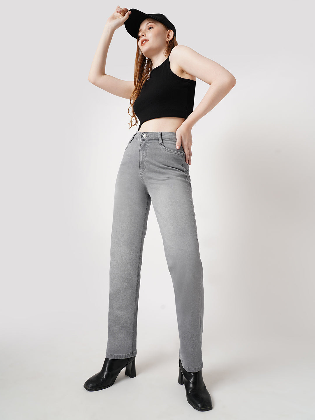 Women Grey High-Rise Straight Fit Jeans