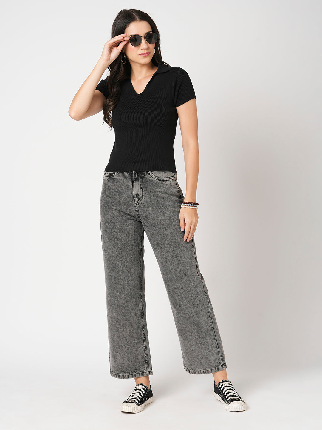 Women Grey High-Rise Wide Leg Jeans
