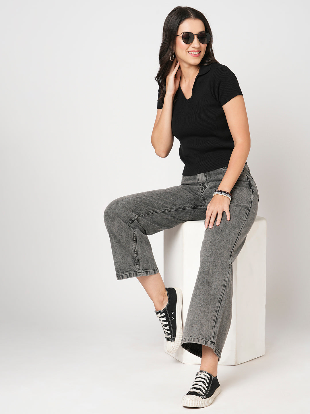 Women Grey High-Rise Wide Leg Jeans