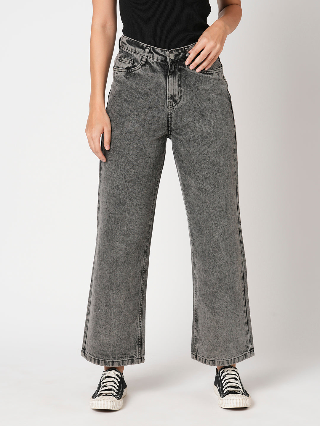 Women Grey High-Rise Wide Leg Jeans