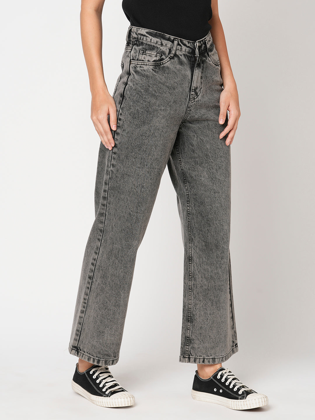 Women Grey High-Rise Wide Leg Jeans