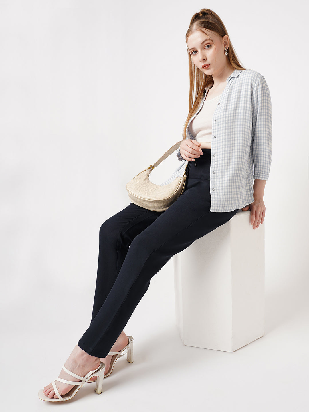 Women Navy Mid-Rise Slim Fit Trousers