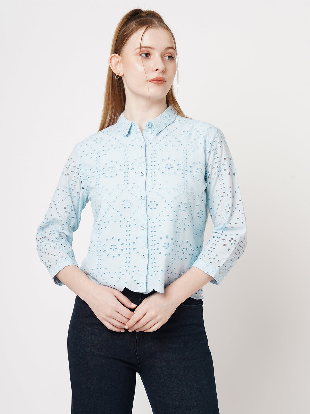 Women Schiffli Crop Shirt