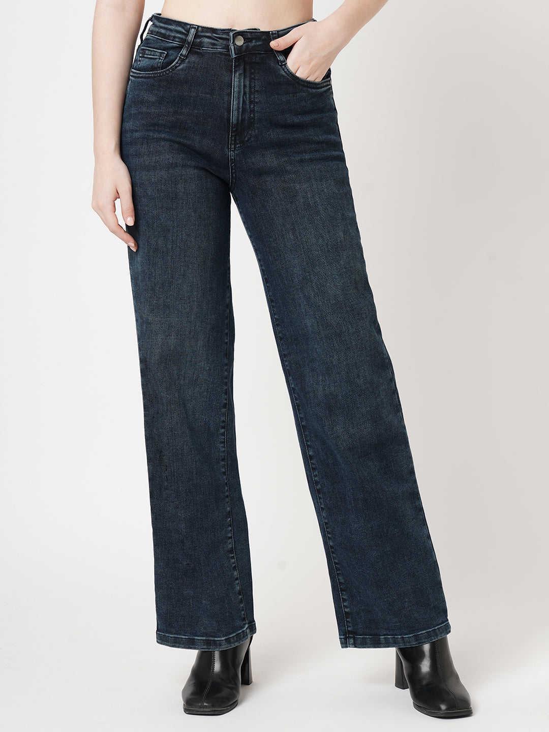 Women Autumn Blue High-Rise Wide Leg Jeans