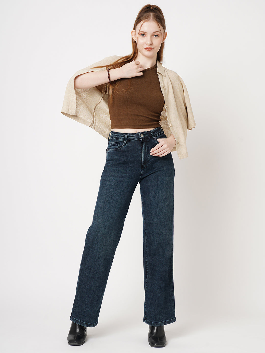 Women Autumn Blue High-Rise Wide Leg Jeans