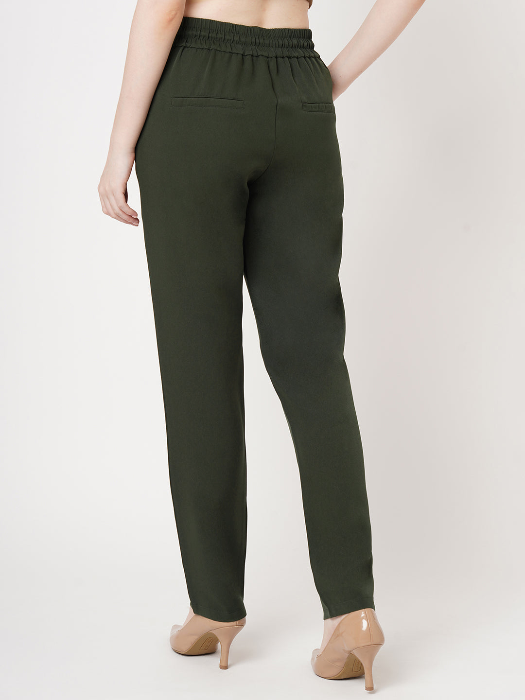 Women Olive Mid-Rise Slim Fit Trousers