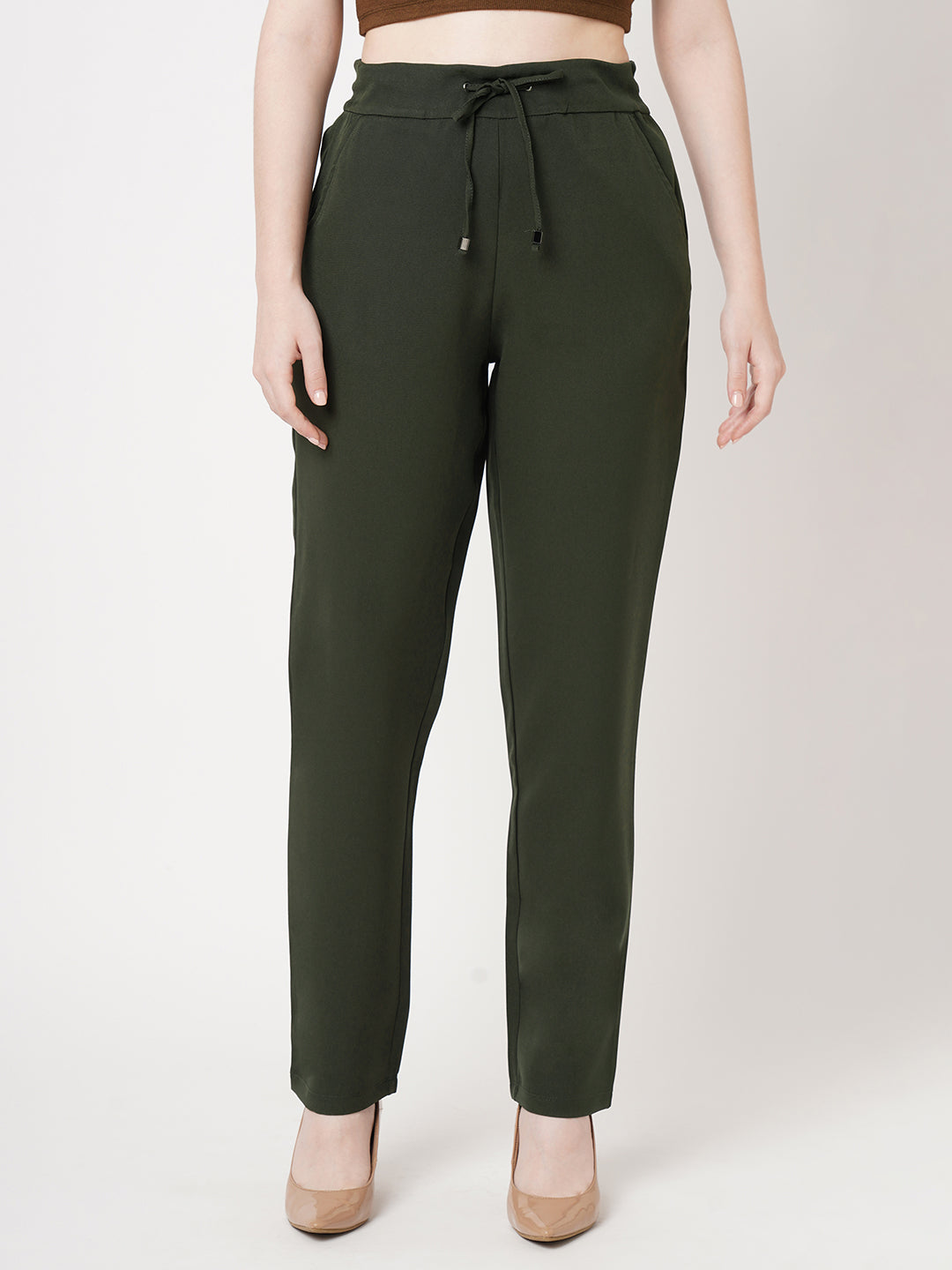 Women Olive Mid-Rise Slim Fit Trousers