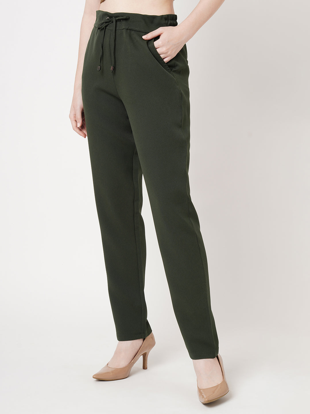 Women Olive Mid-Rise Slim Fit Trousers