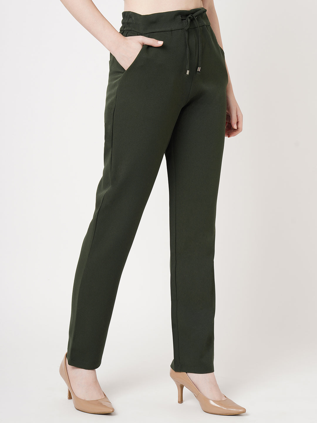 Women Olive Mid-Rise Slim Fit Trousers