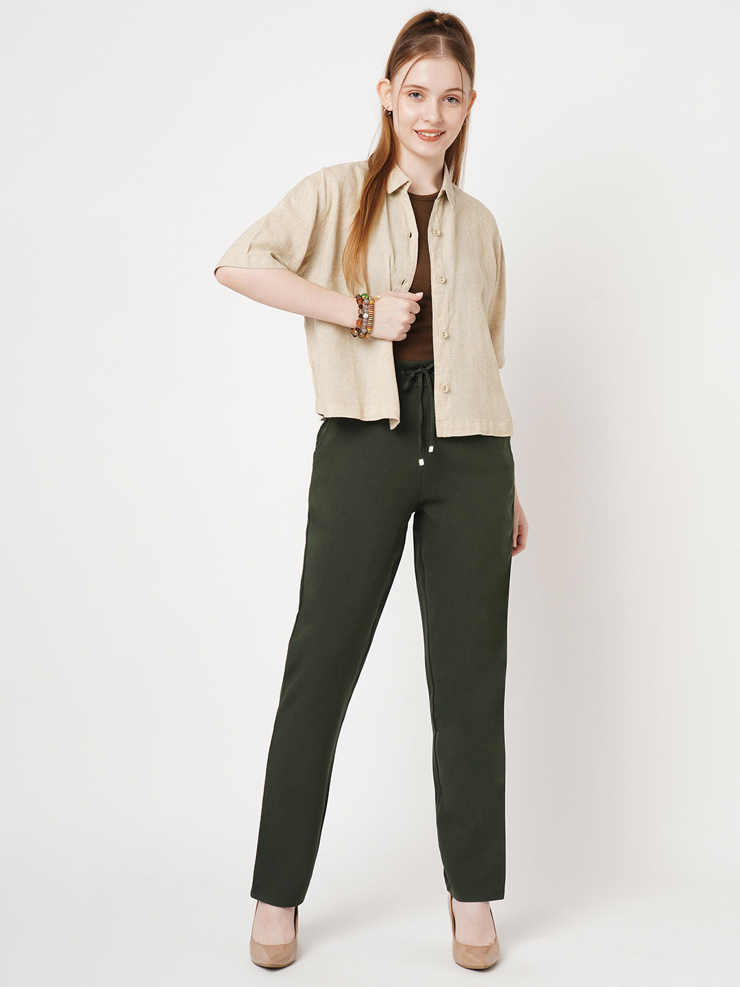 Women Olive Mid-Rise Slim Fit Trousers